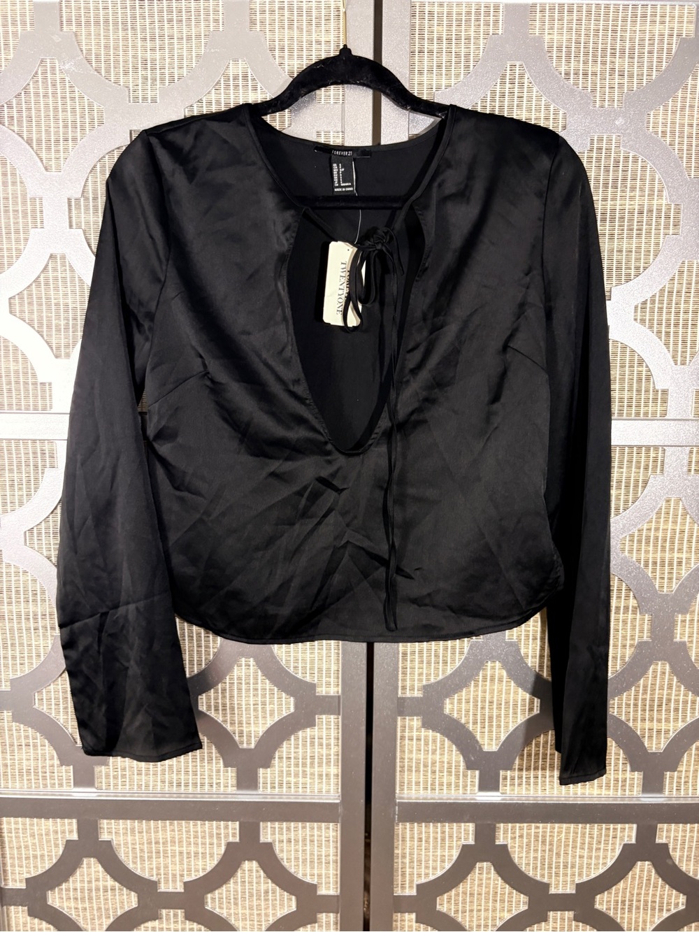 NWT Forever 21 Black Long-Sleeve Blouse with Front Tie Detail